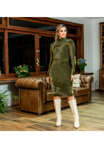 Vestido Em Malha Veludo Com Detalhe Em Rendas Verde Luciana Pais Outono/Inverno 2023
