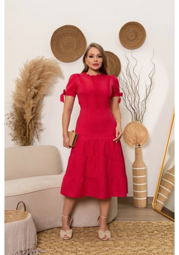 Vestido Midi Em Linho Mescla Com Marias Vermelho Kauly Primavera/Verão 2025