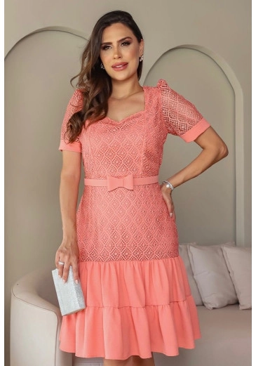 Vestido Keila Em Renda Crepe Coral Maria Amore Alto Verão 2024