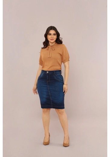 Saia Com Elastano Jeans Escuro Mulher Morena Outono/Inverno 2025