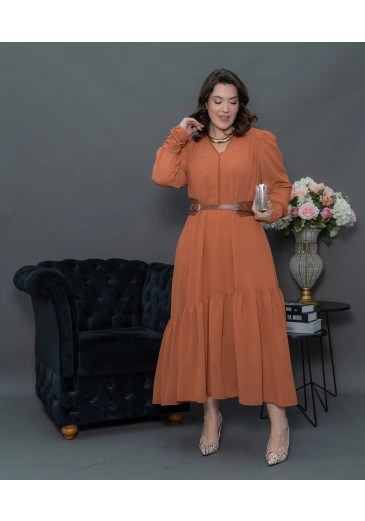 Vestido Max Manga Longa Em Chiffon Telha Kauly Outono/Inverno 2025