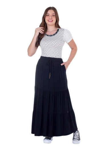 Blusa Camila em Malha Lisa e Estampada com Bordado Manual Preta Hapuk Primavera/Verão 2025 