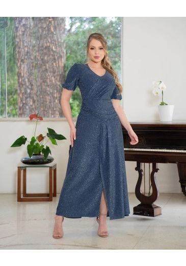 Vestido Longo Drapeado Em Lurex Azul Petróleo Kauly Primavera/Verão 2024