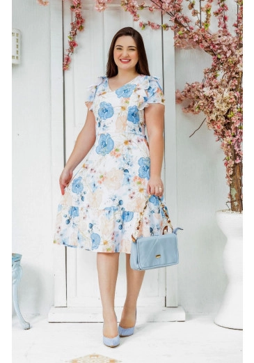 Vestido Camila Em Sedinha Estampada Azul Maria Amore Primavera/Verão 2025