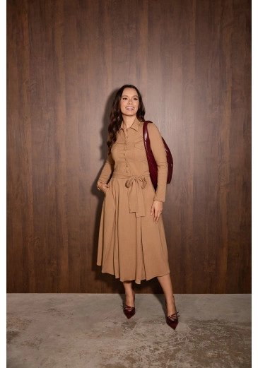 Vestido Melina Em Viscolinho Bege Jany Pim Outono/Inverno 2026