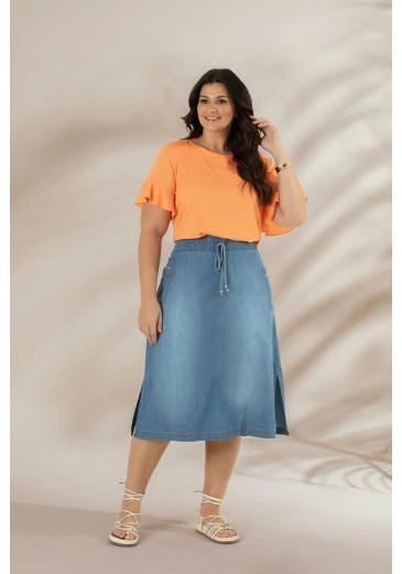 Blusa Plus Size De Visco Slub Com Babados Nas Mangas Laranja Hadaza Primavera/Verão 2024