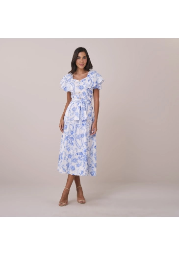Vestido Suzana Em Algodão Santorini Estampado Azul Tatá Martello Primavera/Verão 2026