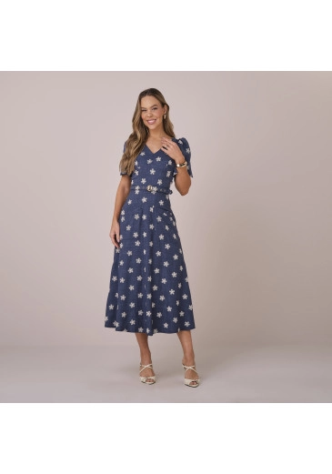 Vestido Adriana Em Tecido Melange Bordado Azul Tatá Martello  Primavera/Verão 2026