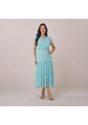 Vestido Edneia Em Chiffon Poa Azul Tatá Martello Primavera/Verão 2026