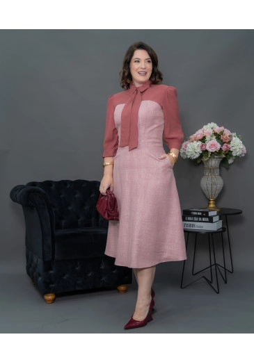 Vestido Camisa Gola Laço Rose Kauly Outono/Inverno 2025