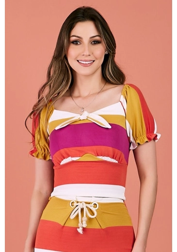 Blusa Edna Em Malha Ottoman Liz Tricolor Laranja Tatá Martello Primavera/Verão 2024