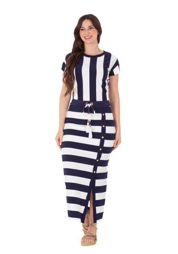 Vestido Kavya Midi Em Malha Listrada Azul Marinho Hapuk Primavera/Verão 2025