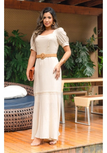 Vestido Gaze Bordado Com Decote Princesa Bege Luciana Pais Alto Verão 202