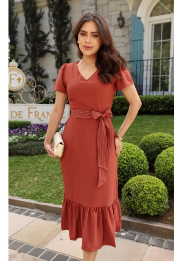 Vestido Thereza Em Crepe Telha Maria Amore Primavera/Verão 2026