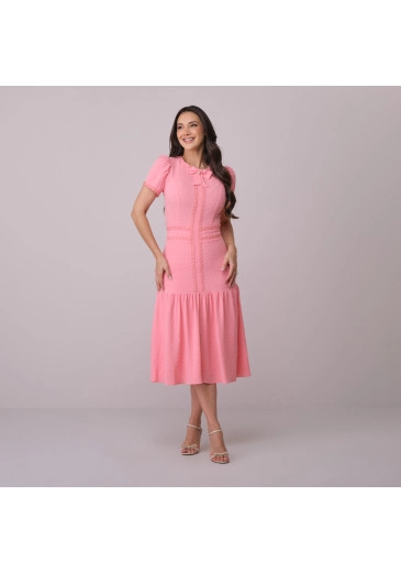 Vestido Samira Em Crepe Dots Com Renda Rosa Tata Martello Primavera/Verão 2026