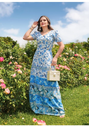Vestido Stefania em Crepe Longo Estampado Azul Maria Amore Primavera/Verão 2025 