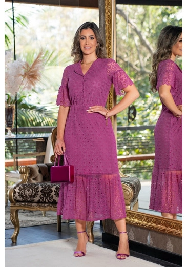 Vestido Maxi Com Bordado Na Manga Rosa Penelope Luciana Pais Primavera/Verão 2024