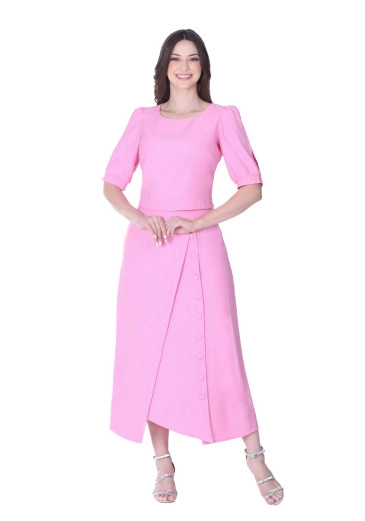 Conjunto Keila Em Tecido Plano Com Ombreira Rosa Hapuk Alto Verão 2025