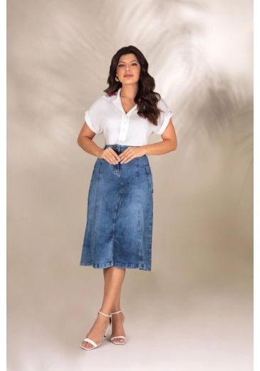 Saia Jeans Midi Bosos Laterais Botões Funcionais Hadaza Alto Verão 2024