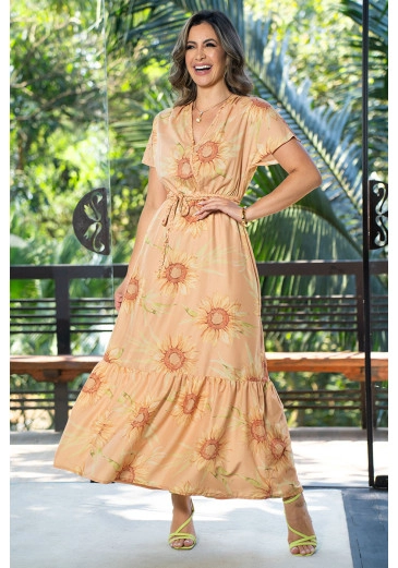 Vestido Em Crepe Estampa Exclusiva Com Detalhe Em Tranças E Cinto Luciana Pais Primavera/Verão 2024