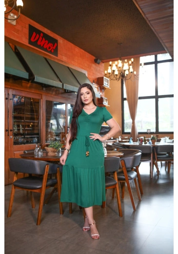 Vestido Em Malha Modal Decote V Evasê Verde Mulher Morena Outono/Inverno 2025