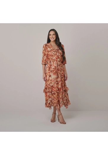 Vestido Cassiane Em Crepe Estampado Laranja Tata Martello  Outono/Inverno 2026