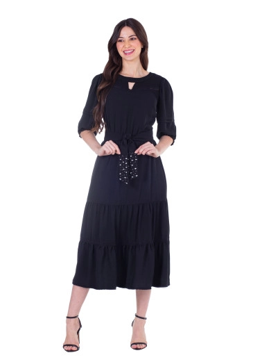 Vestido Lurdes Em Tecido Plano Com Faixa Preto Hapuk Primavera/Verão 2025