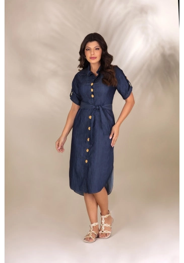 Vestido Midi Mulet Jeans Com Manga Três Quartos Hadaza Alto Verão 2024