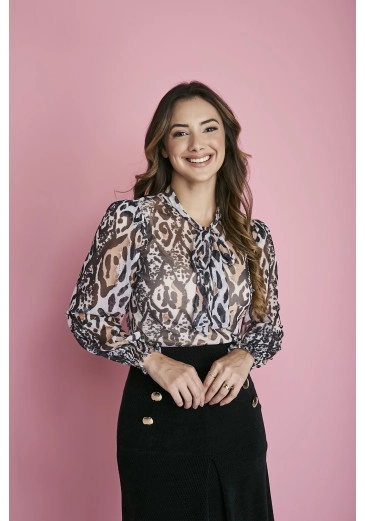 Blusa Em Tule Pamela Estampada Animal Print Tatá Martello Outono/Inverno 2023