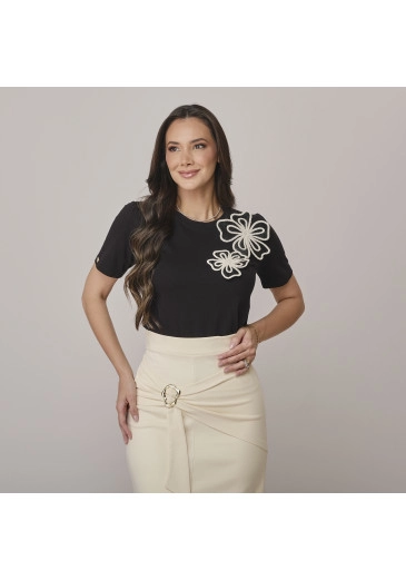 Blusa Clarice Em Algodão Com Aplicação Preto Tata Martello Outono/Inverno 2026