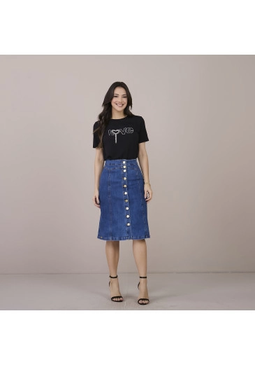 Saia Jaqueline Jeans Com Elastano E Botões Funcionais Tatá Martello Primevra/Verão 2025