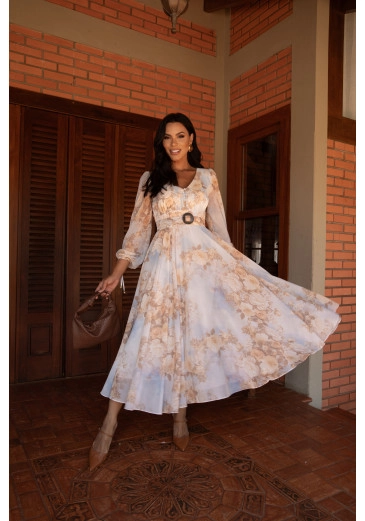 Vestido Eduarda Em Chiffon Com Toque De Seda Estampado Jany Pim Alto Verão 2025