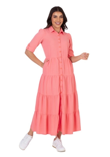 Vestido Alice Em Jeans Color Botões Funcionais Coral Hapuk Alto Verão 2024 