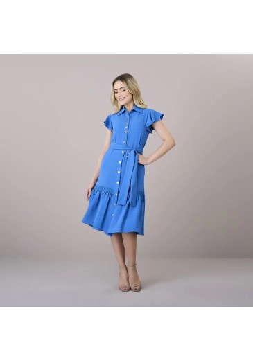 Vestido Joana Azul Em Crepe Flow Com Botões Funcionais Tatá Martello Outono/Inverno 2025