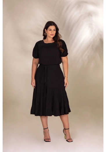 Vestido Super Midi Plus Size De Viscose Com Guipirs Preto Hadaza Alto Verão 2024