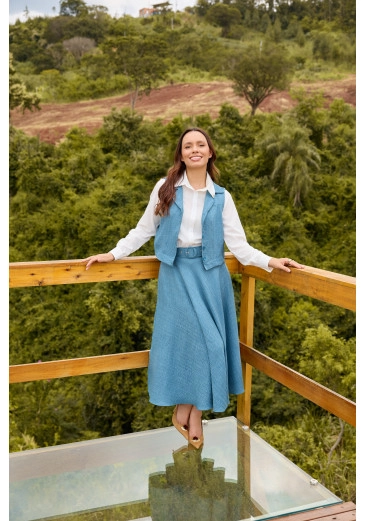Saia Carla Em Folk Azul Jany Pim Outono/Inverno 2026