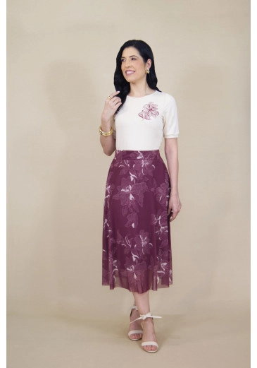 Saia Midi Em Tule Estampado Bordo Hadaza Primavera/Verão 2026