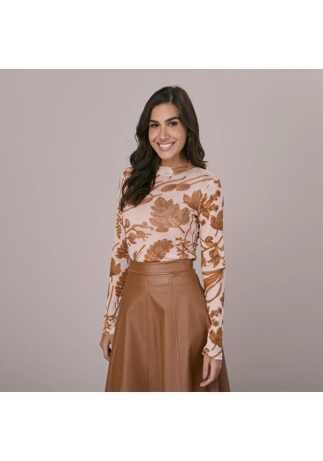 Blusa Tayana Em Tule Estampado Caramelo Tatá Martello Outono/Inverno 2025