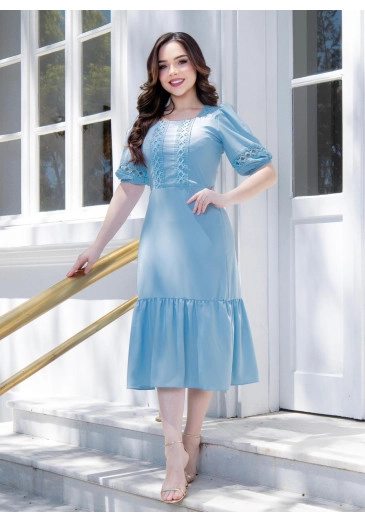 Vestido Lara Em Tecido  Crepe Pele de Pêssego Azul Maria Amore Primavera/Verão 2026