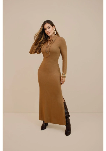 Vestido Ana Helena Em Malha Canelada Café Nitido Outono/Inverno 2026