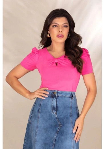  Blusa De Malha Lisa Com Mangas Bufantes E Decote V Rosa Hadaza Primavera/Verão 2024 