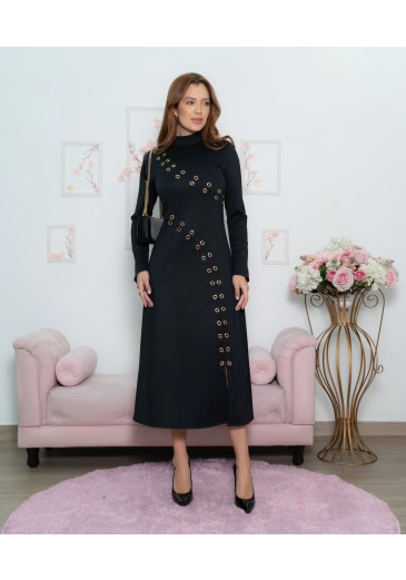 Vestido Midi Manga Longa Em Malha Montaria  Preto Luciana Pais Outono/Inverno 2025