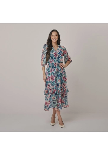 Vestido Cassiane Em Crepe Estampado Azul Tata Martello  Outono/Inverno 2026