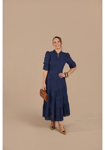 Vestido Gabriela Em Laise Azul Marinho Jany Pim Primavera/Verão 2026