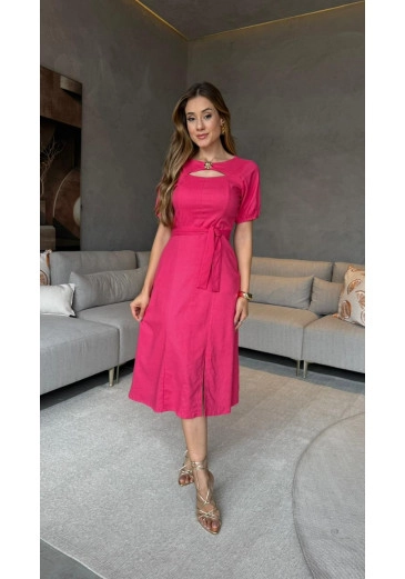 Vestido Maria Midi No Linho Pink Nitido Primavera/Verão 2026