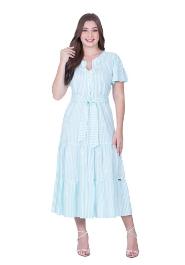 Vestido Lucia em Tecido Plano com Fechamento em Botões e Faixa Verde Água Hapuk Primavera/Verão 2025 