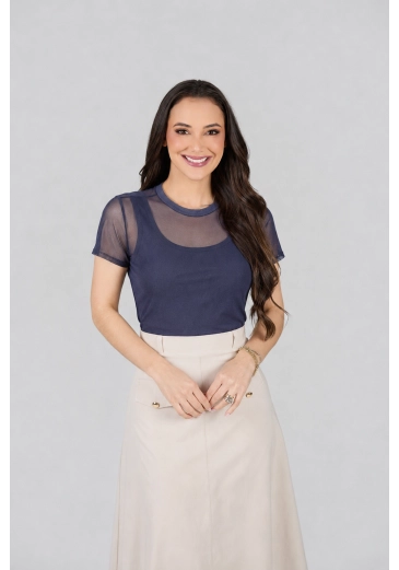 Blusa Daniela Em Tule Liso Azul Marinho Tata Martello Primavera/Verão 2027