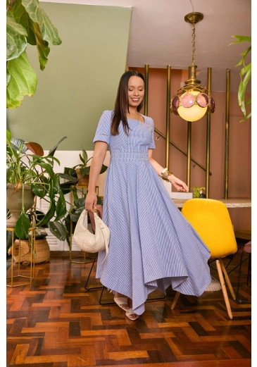 Vestido Ana Em Tricoline Listrado Azul Jany Pim Primavera/Verão 2027