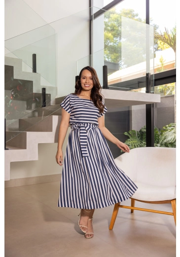 Vestido Natalia Em Toque De Seda Listrado Azul Jany Pim Primavera/Verão 