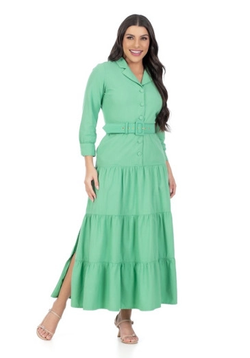 Vestido Stella Verde Em Linho Com Botões Funcionais E Cinto Hapuk Primavera/Verão 2024